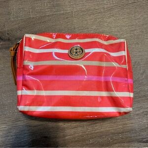 Tory Burch Red and Pink Cosmetic Case with Striped Design